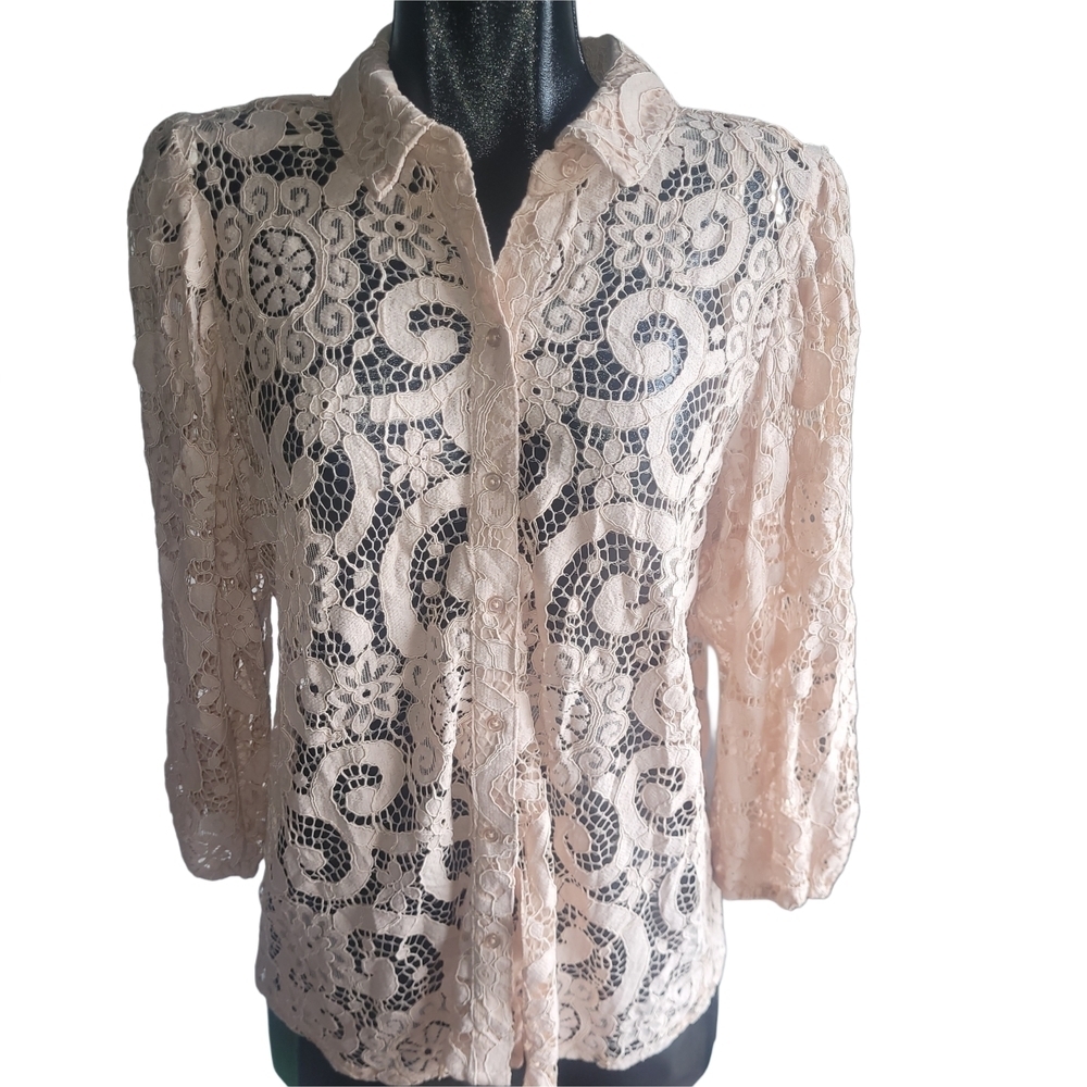 Nanette Lepore Blush Pink Lace Button-Up Blouse Size L